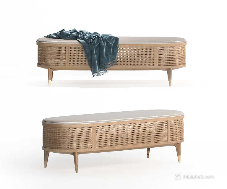 Modern Rattan Bench with Upholstered Seat Wooden Frame Slim Metal Legs and Soft Throw Blanket 3d model 