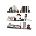 Modern Decorative Ornament Set with Geometric Sculptures Candlesticks Vases and Books on Display Shelf