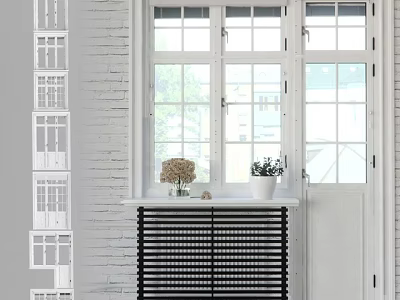 Bright Casement Windows On White Brick Wall With Plants And Vases On Windowsill 3d model
