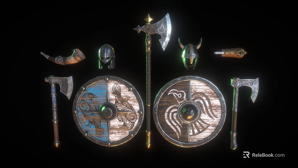 Collection of Viking Weapons Including Handcrafted Axes Wooden Shields Warrior Helmet and Drinking Horn 3d model 