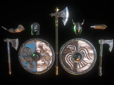 Collection of Viking Weapons Including Handcrafted Axes Wooden Shields Warrior Helmet and Drinking Horn 3d model