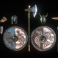 Collection of Viking Weapons Including Handcrafted Axes Wooden Shields Warrior Helmet and Drinking Horn