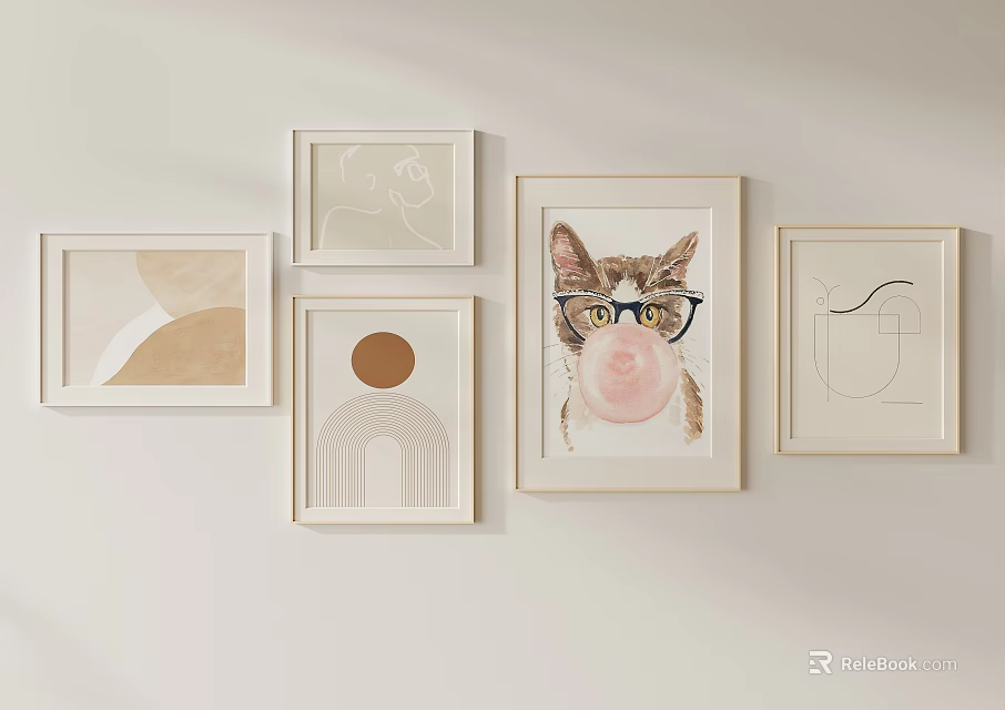 Neutral Toned Wall Art Display With Cat In Glasses Bubble And Abstract Frames 3d model 