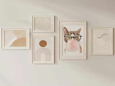 Neutral Toned Wall Art Display With Cat In Glasses Bubble And Abstract Frames 3d model