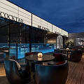 Rooftop Bar With MR COCKTAIL Sign Wooden Floor Black Leather Sofas And Neon Decor