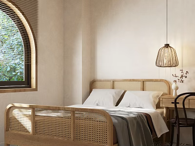 Cozy Bedroom With Rattan Bed Frame White Pillows Gray Blanket Arched Window And Pendant Lamp 3d model