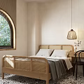 Cozy Bedroom With Rattan Bed Frame White Pillows Gray Blanket Arched Window And Pendant Lamp
