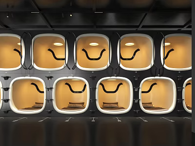 Modern Rest Pods With Warm Interior Lighting Arranged In Row Layout 3d model