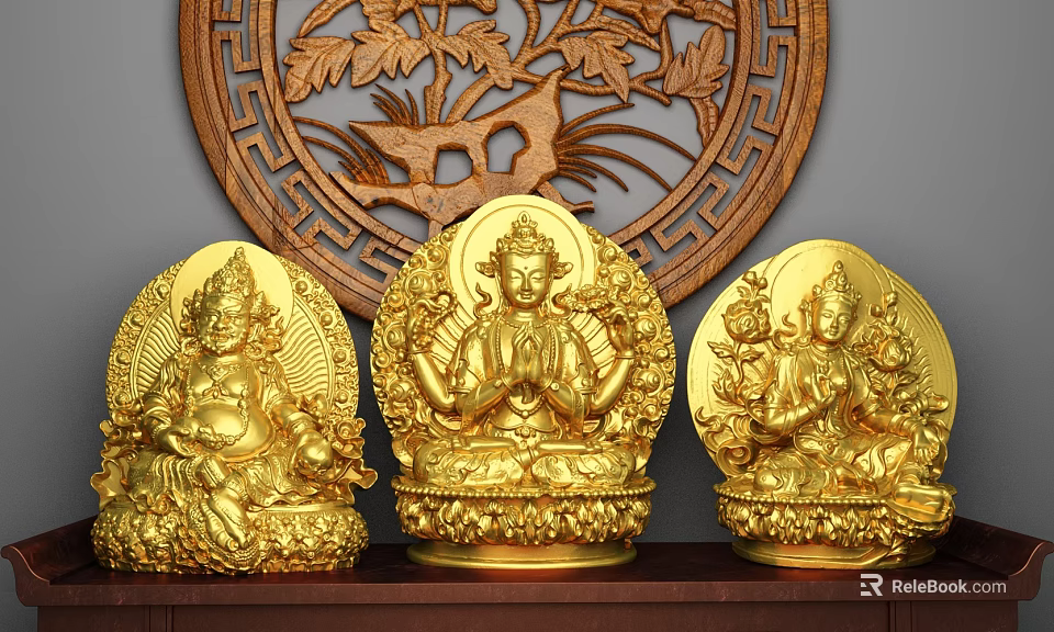 Intricately Carved Golden Buddha Sculptures With Decorative Details And Wooden Circular Decoration 3d model 