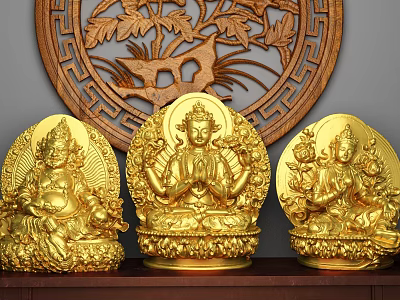 Intricately Carved Golden Buddha Sculptures With Decorative Details And Wooden Circular Decoration 3d model