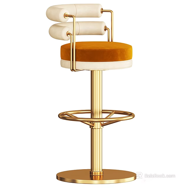 Modern Bar Stool With Gold Metal Frame And Orange Velvet Seat Backrest Design 3d model 