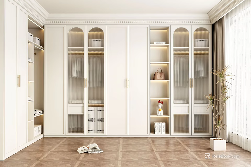 Modern Walk-in Closet Interior With White Cabinets Glass Doors Wooden Flooring And Potted Plant 3d model 