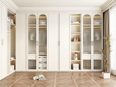 Modern Walk-in Closet Interior With White Cabinets Glass Doors Wooden Flooring And Potted Plant 3d model