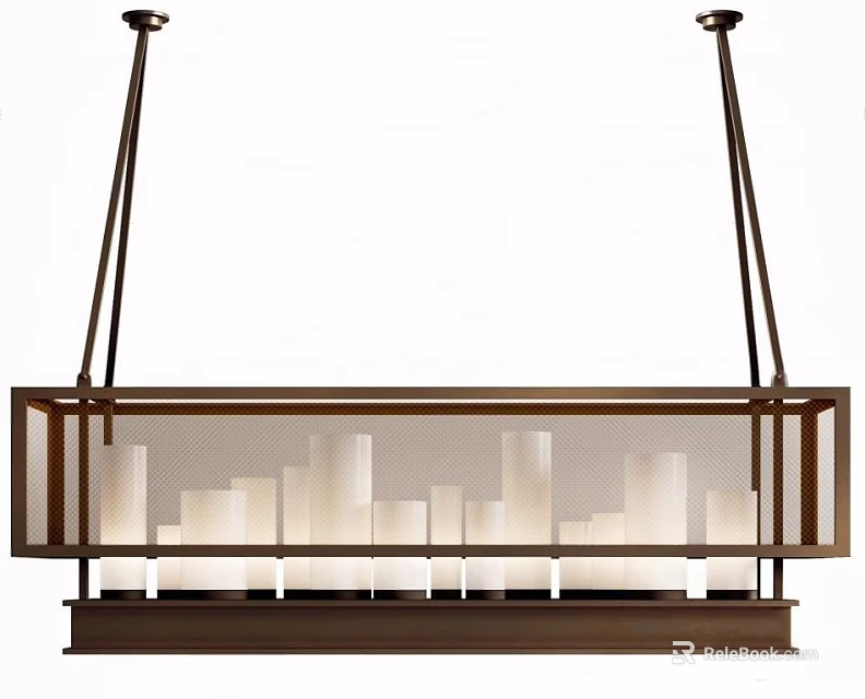 Modern Rectangular Chandelier With Dark Metal Frame And White Columnar Shades 3d model 