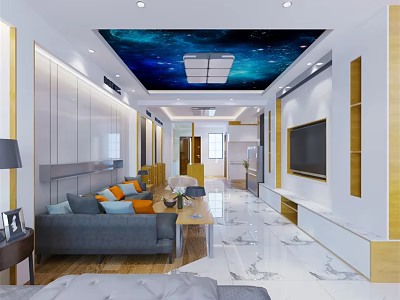 Modern Living Room Interior With Gray Sofa Starry Sky Ceiling TV Wall And White Cabinets 3d model