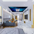 Modern Living Room Interior With Gray Sofa Starry Sky Ceiling TV Wall And White Cabinets