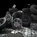 Stacked Tires With Various Rims Arranged On Brick Floor Surface 3d model