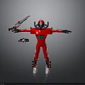 Red Robot Character In Armor Helmet With Blue Eyes Holding Sword And Small Aircraft