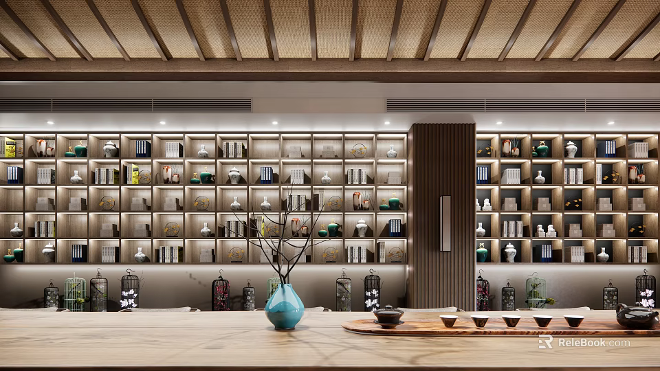 Cozy Traditional Teahouse Interior With Tea Sets On Shelves Wooden Ceiling And Tea Table 3d model 