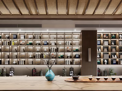 Cozy Traditional Teahouse Interior With Tea Sets On Shelves Wooden Ceiling And Tea Table 3d model