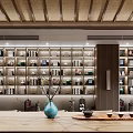 Cozy Traditional Teahouse Interior With Tea Sets On Shelves Wooden Ceiling And Tea Table