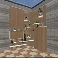 Garden Nook Design With Wooden Cabinets Shelves Potted Plants Brick Walls Checkerboard Floor Tiles