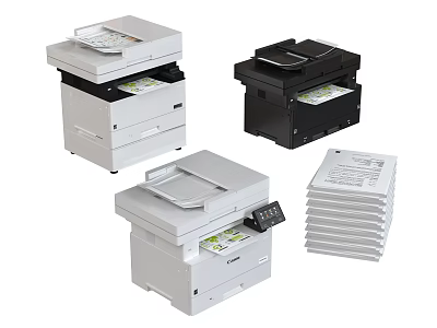 Modern Office Appliances Featuring Multifunction Printers White Black And Stacked Papers 3d model