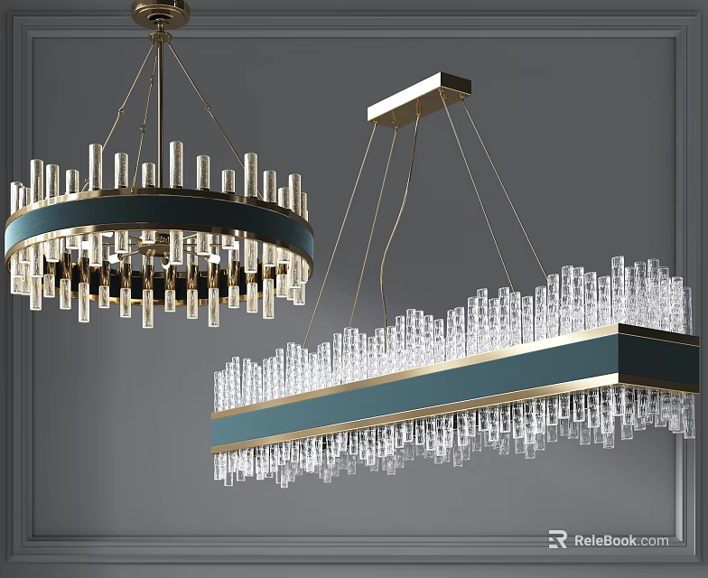Modern Crystal Chandeliers With Teal Metal Frame And Circular And Rectangular Design For Interior Decor 3d model