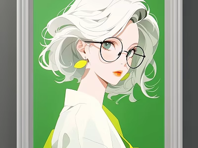 Portrait Illustration of a Woman with White Hair Round Glasses Yellow Earrings and Green Background 3d model