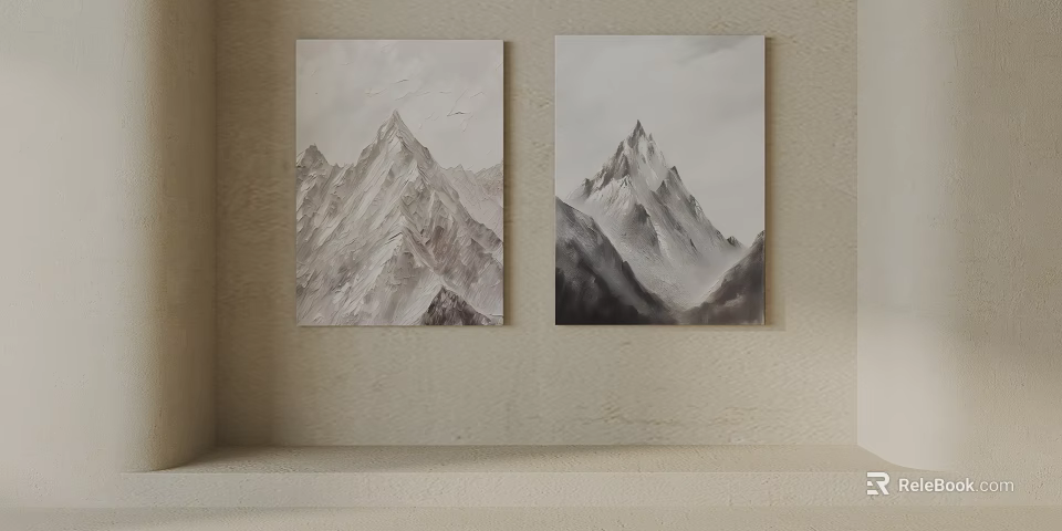 Black And White Mountain Paintings Hanging On Light Colored Wall Decor 3d model