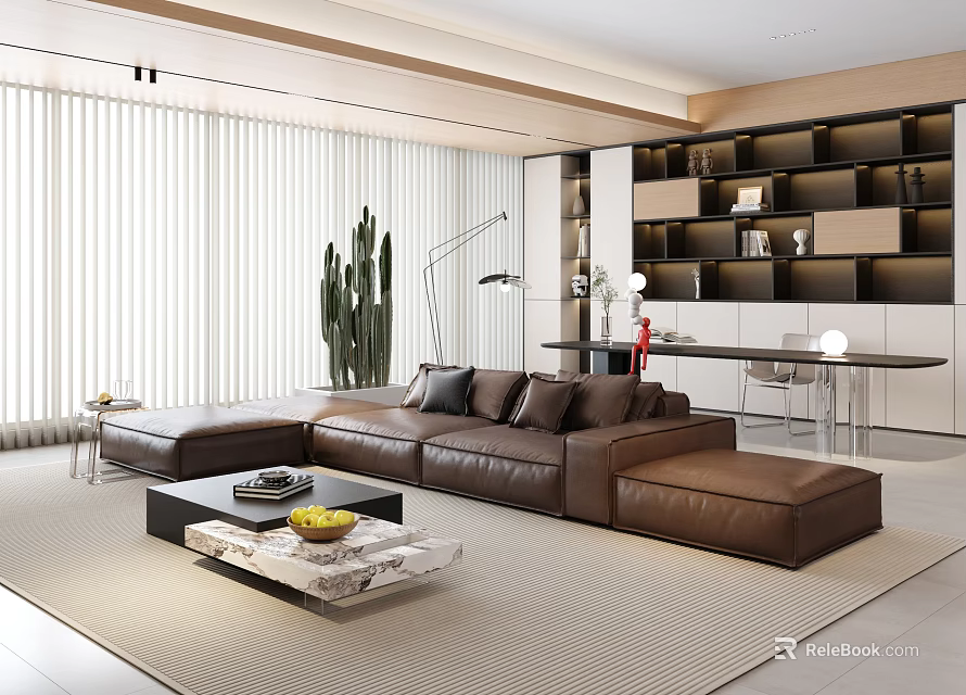 Modern Living Room Interior with L shaped Leather Sofa Coffee Table Potted Cactus and Shelves 3d model 