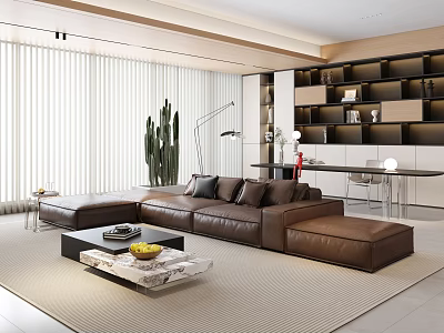 Modern Living Room Interior with L shaped Leather Sofa Coffee Table Potted Cactus and Shelves 3d model