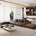 Modern Living Room Interior with L shaped Leather Sofa Coffee Table Potted Cactus and Shelves