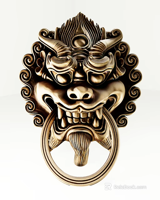 Traditional Brass Lion Head Wall Decoration With Intricate Carvings And Curved Patterns 3d model 