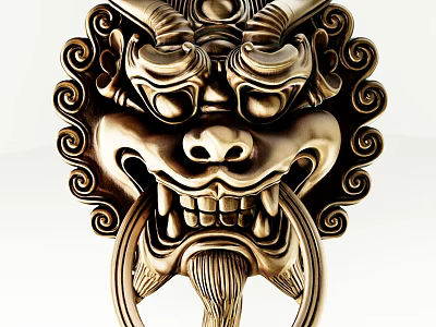 Traditional Brass Lion Head Wall Decoration With Intricate Carvings And Curved Patterns 3d model