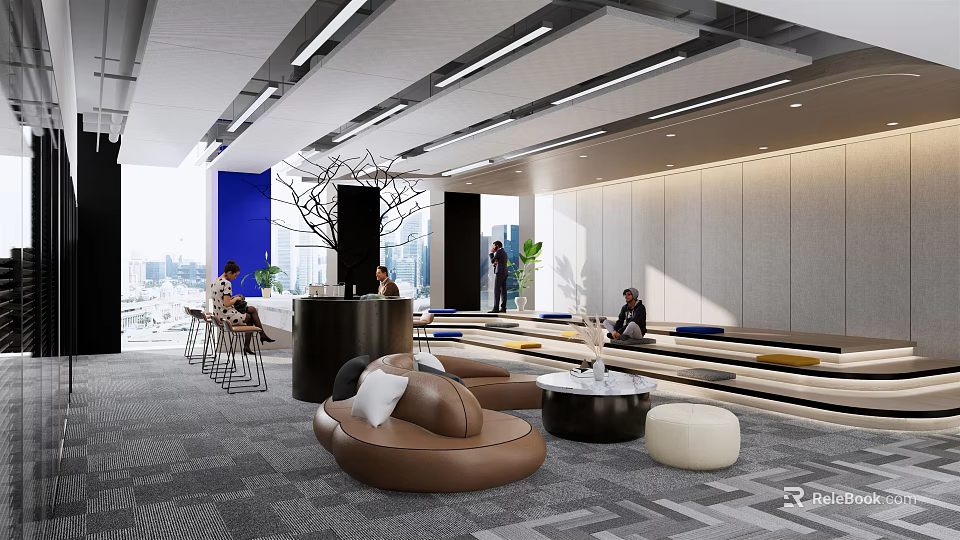 Modern Lounge Area Interior With Round Sofas Coffee Tables Decorative Tree And City View 3d model