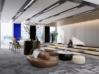 Modern Lounge Area Interior With Round Sofas Coffee Tables Decorative Tree And City View 3d model