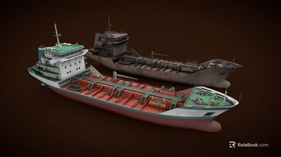 Two Modern and Rusty Tanker Ships with Contrasting Hull Designs and Aged Features 3d model