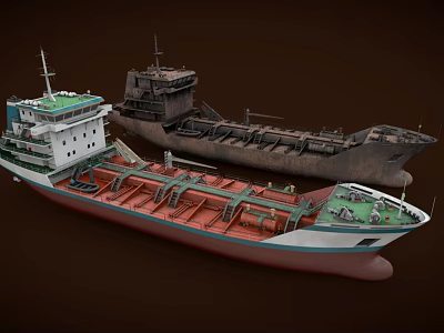 Two Modern and Rusty Tanker Ships with Contrasting Hull Designs and Aged Features 3d model