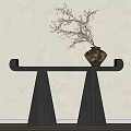 Black Console Table With Triangular Legs Holding Terracotta Vase And Twig Branches Against Light Wall 3d model