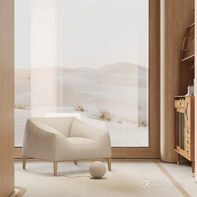 Beige Modern Accent Chair In Cozy Interior With Desert View Through Large Window 3d model 