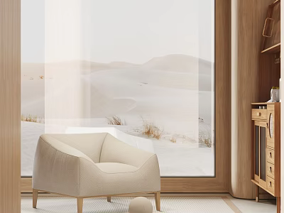 Beige Modern Accent Chair In Cozy Interior With Desert View Through Large Window 3d model