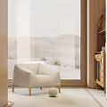 Beige Modern Accent Chair In Cozy Interior With Desert View Through Large Window