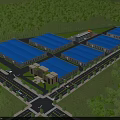 Industrial Factory Complex With Blue Roofs Multiple Buildings Green Areas And Roads