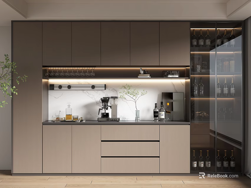 Modern Built in Wine Cabinet With Glass Door And Wine Bottles In Kitchen Interior 3d model 