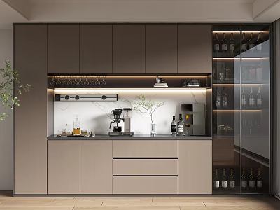 Modern Built in Wine Cabinet With Glass Door And Wine Bottles In Kitchen Interior 3d model
