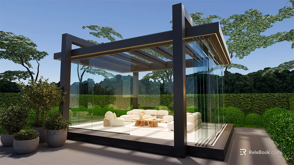 Modern Villa Balcony With Glass Walls Black Frame White Sofas Round Coffee Table And Greenery 3d model 