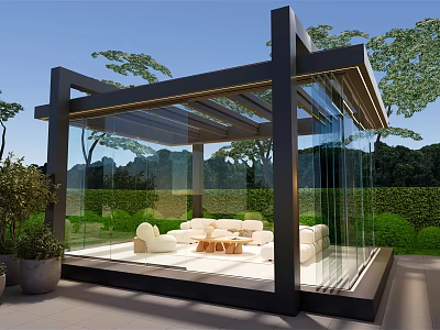 Modern Villa Balcony With Glass Walls Black Frame White Sofas Round Coffee Table And Greenery 3d model