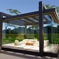 Modern Villa Balcony With Glass Walls Black Frame White Sofas Round Coffee Table And Greenery