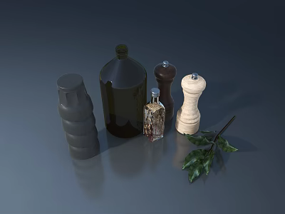 Stylish Kitchen Bottles And Pepper Grinders On Gray Background With Green Leaf 3d model